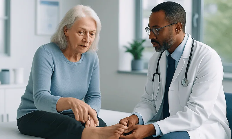 Doctor examining elderly woman's foot for bunion symptoms in clinic.