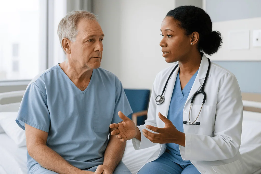 Doctor consulting with older male patient in clinical setting: What bypass surgery actually involves