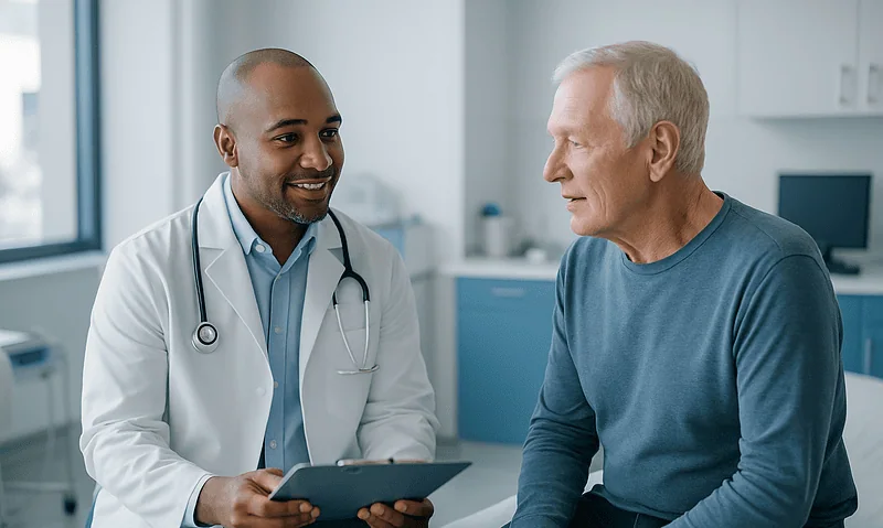 Doctor consulting with an elderly male patient in a medical office.