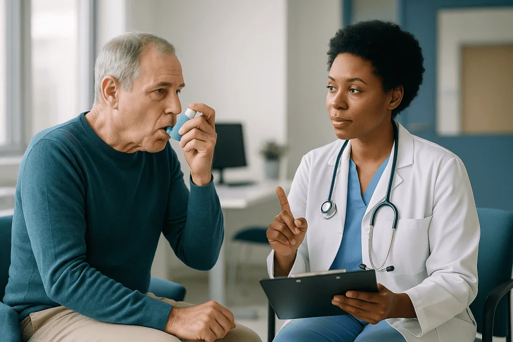 Doctor consulting with senior male patient in clinic: What can be mistaken for pulmonary hypertension, and vice versa?