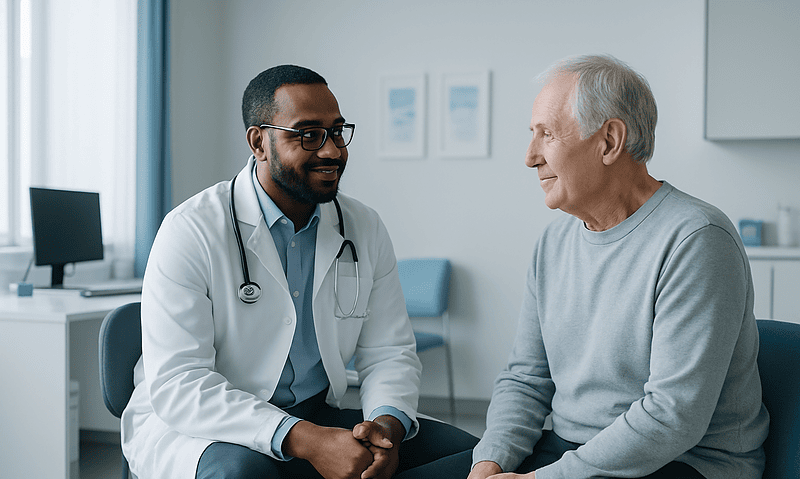 Doctor consulting with an elderly patient in a medical office.