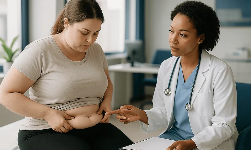 Doctor consulting with a woman about body fat reduction options.
