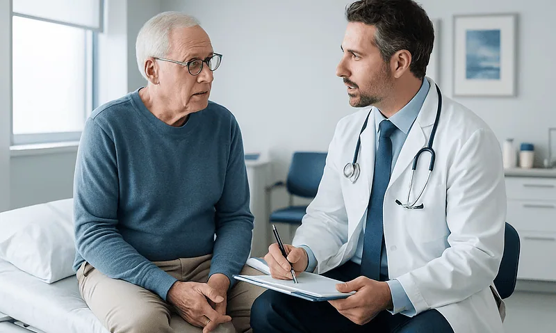 Doctor consulting with elderly patient in a medical office.
