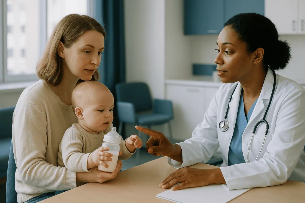 Mother with infant consulting pediatrician at clinic — What can trigger bronchiolitis, and why some babies are hit harder