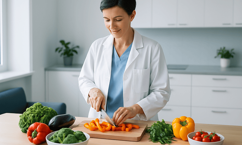 Healthcare professional preparing soft vegetables for post-tonsillectomy diet.