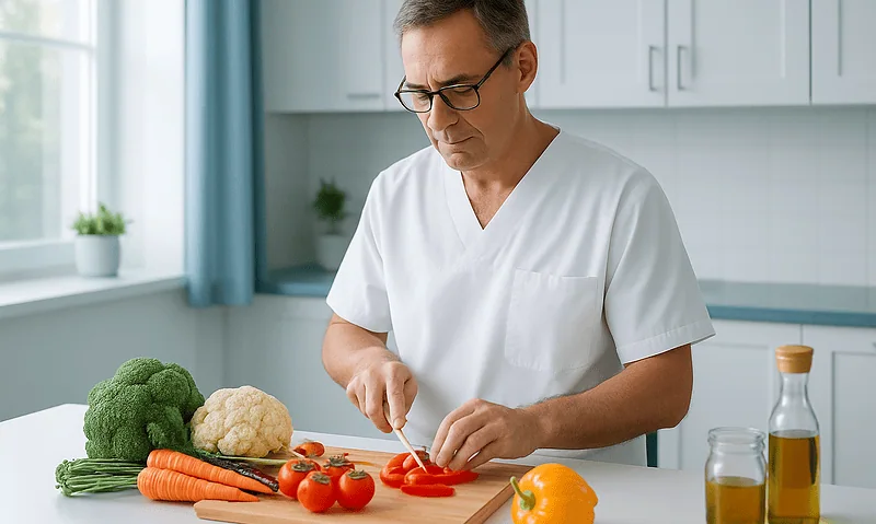 Man preparing fresh vegetables in a modern kitchen for a healthy diet.