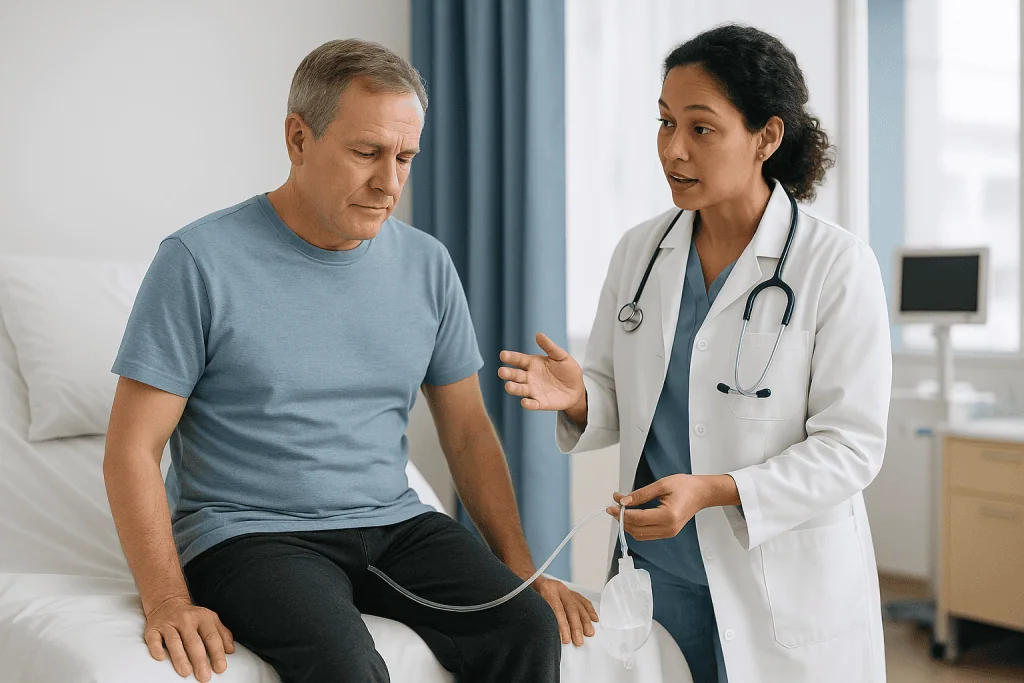 Doctor examining male patient with stethoscope in clinical setting: What catheter measurement involves and how long it takes