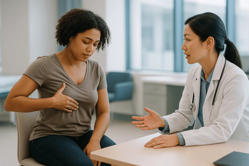 Doctor consulting with patient about breast concerns: What causes accessory breast tissue?