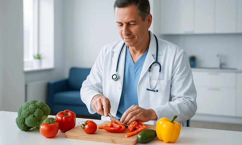 What Causes Appendicitis (and Can Food Cause It?) 8 Doctor preparing fresh vegetables in a modern kitchen for healthy eating.