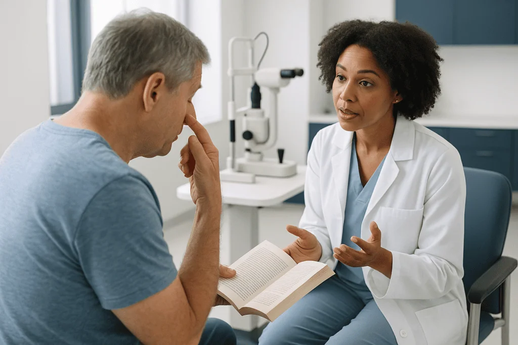 Eye care doctor consulting patient about vision condition: What causes astigmatism, and can astigmatism get worse over time?