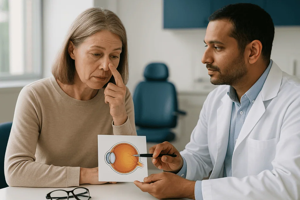 Ophthalmologist consulting patient about eye diagram: What causes astigmatism? The root cause, honestly stated