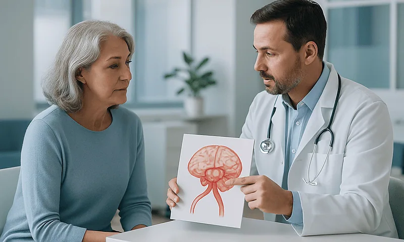 Doctor explaining brain aneurysm to an elderly woman in a medical consultation.