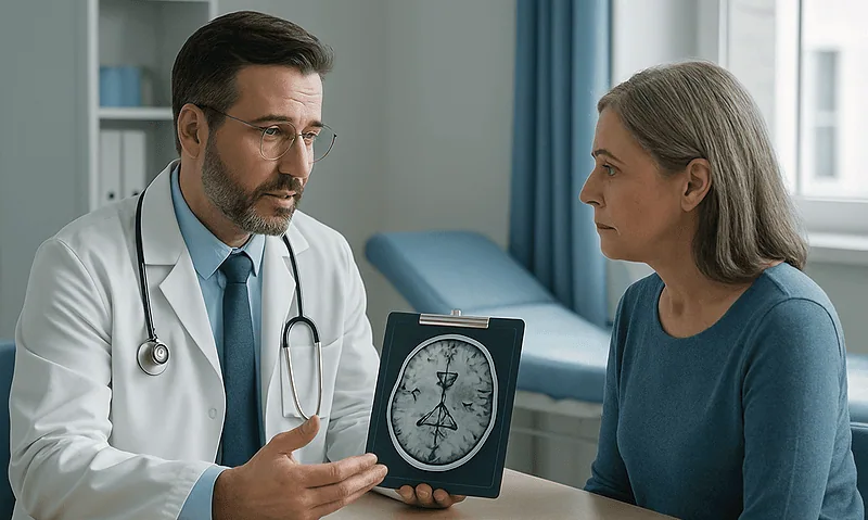 Doctor explaining brain scan to a patient in a medical consultation room.