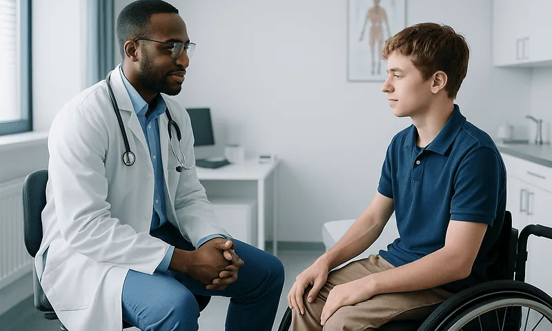 Doctor consulting with a young male patient in a medical office.