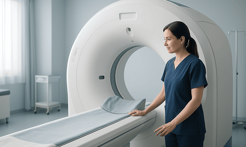 Female healthcare professional preparing MRI scan in a modern hospital room.