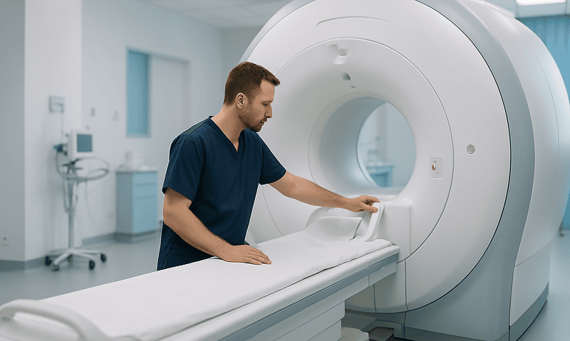 Medical technician prepares MRI scan in a modern hospital setting.
