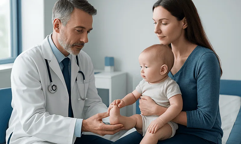 Pediatric doctor examining a baby's foot in a clinic setting.
