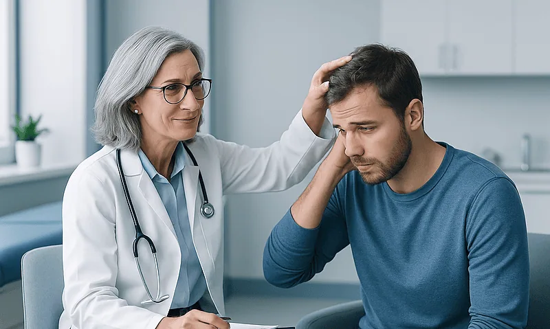 Doctor examining a young man's scalp for dandruff or scalp issues.