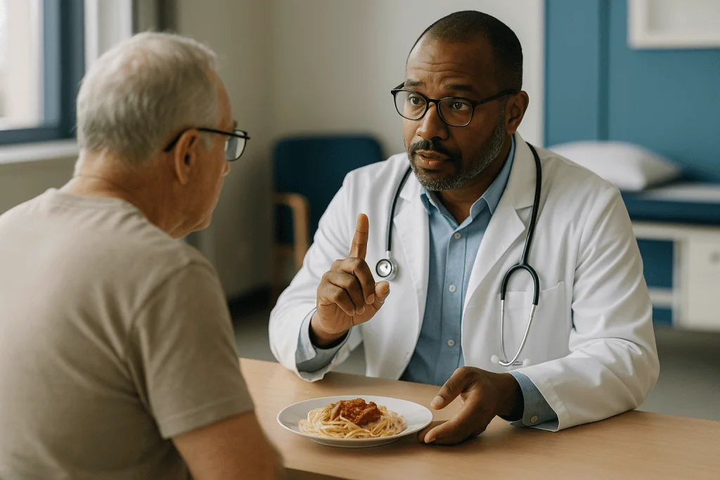 Doctor consulting elderly patient with pasta dish present: What causes diverticulitis to keep coming back?
