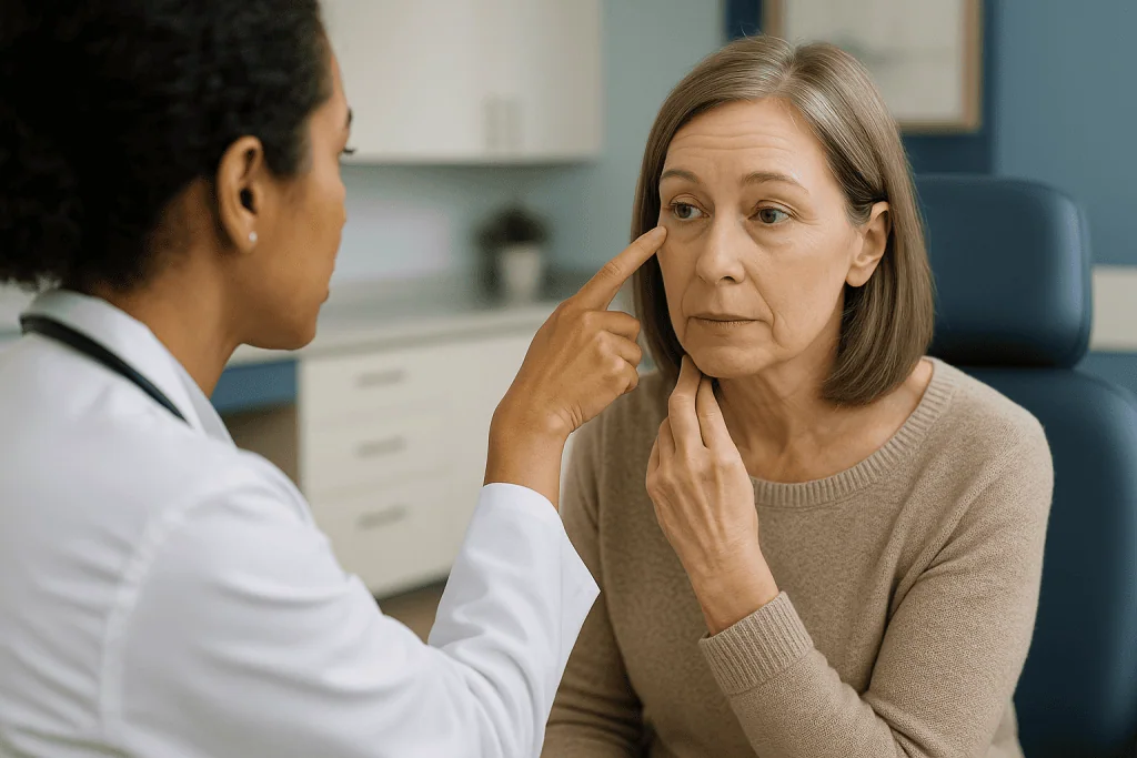 Doctor examining patient's lower eyelid area during consultation: What causes eyelid hooding, and what causes under-eye bags