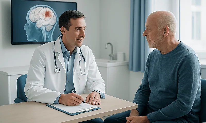Doctor consulting with an elderly patient in a medical office.