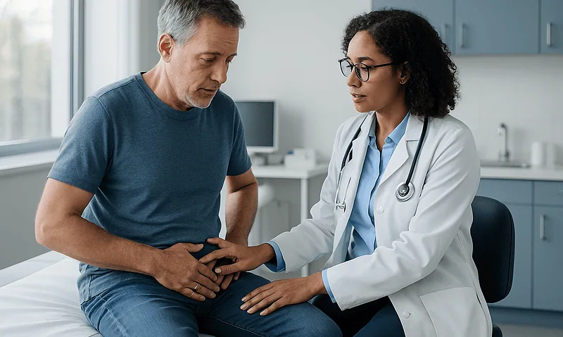 Doctor examining a male patient in a clinical setting.