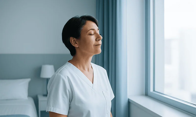Female healthcare professional meditating by the window in hospital room.