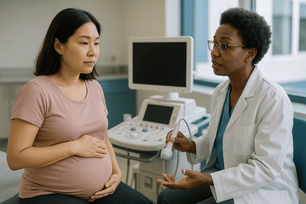 Pregnant woman in ultrasound consultation with female doctor: What causes hydrocephalus before birth, and how it is found