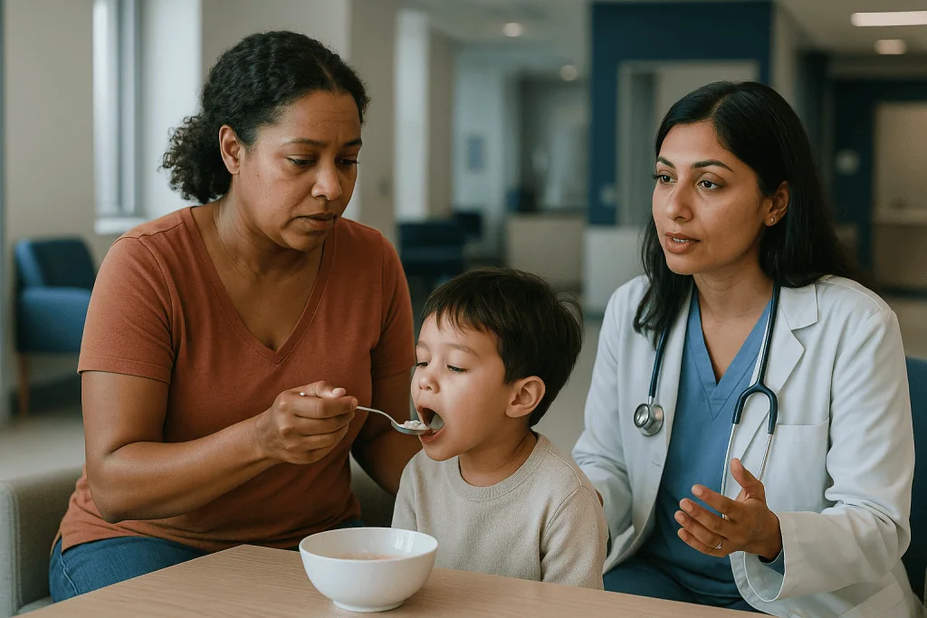 Mother, child, and female doctor in clinical consultation: What causes Kawasaki disease, if not a germ you can catch?