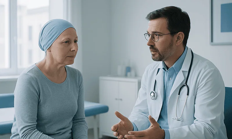 Doctor consulting with a female patient in a hospital setting.