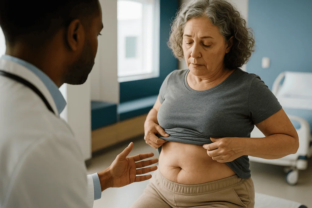 Doctor examining patient abdomen in clinical setting: What causes loose skin after tummy tuck surgery?