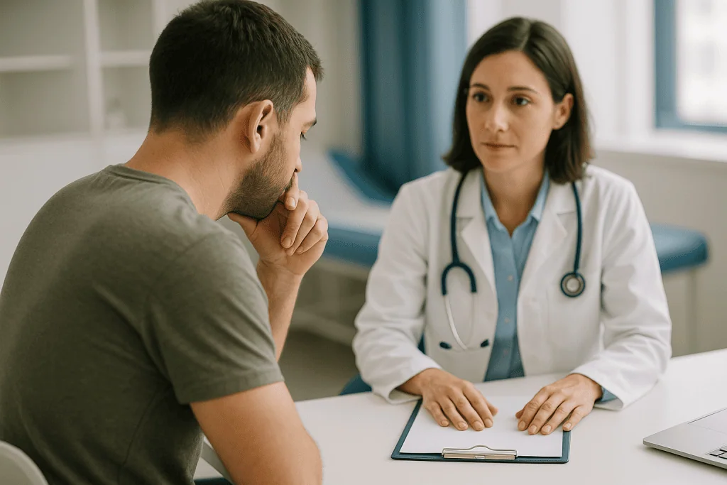 Doctor consultation with male patient in clinical office: What causes male infertility?