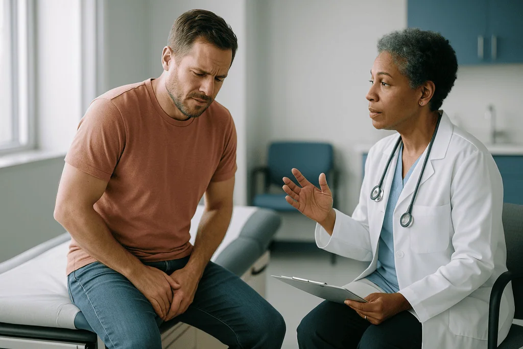 Doctor consulting with male patient in clinical exam room: What causes orchitis when mumps is not to blame?