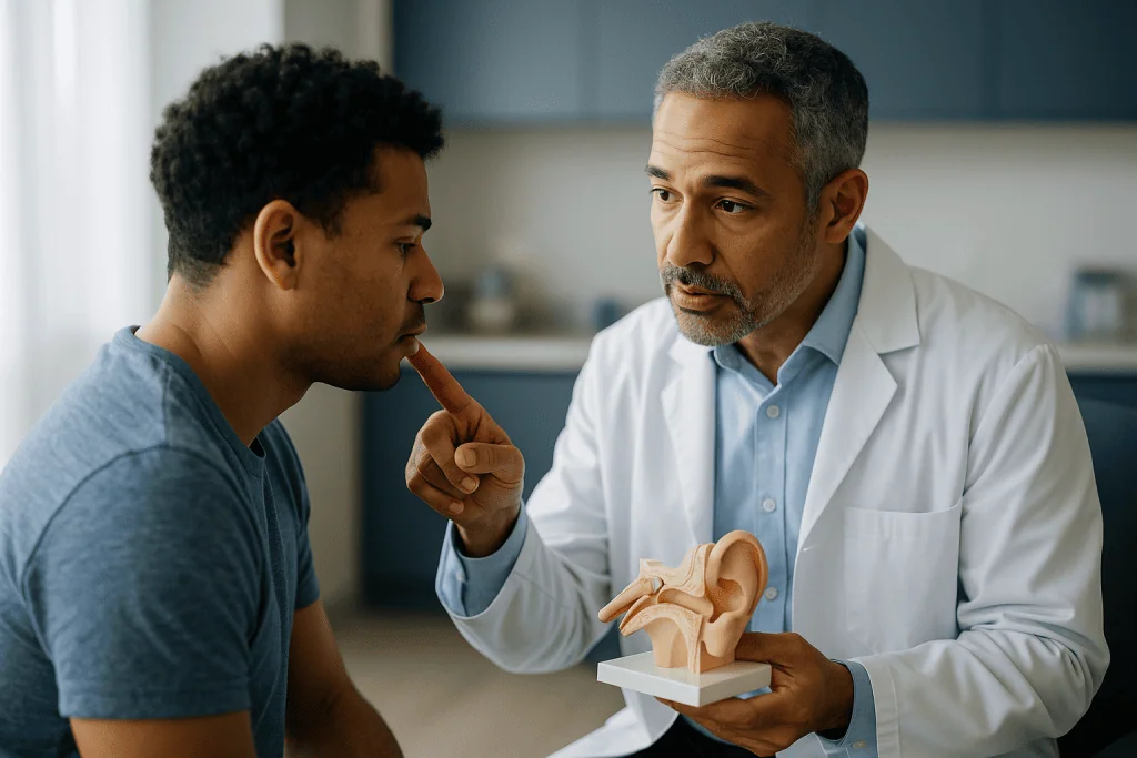 ENT doctor examining patient ear anatomy model: What causes otorrhea? The four places ear fluid comes from