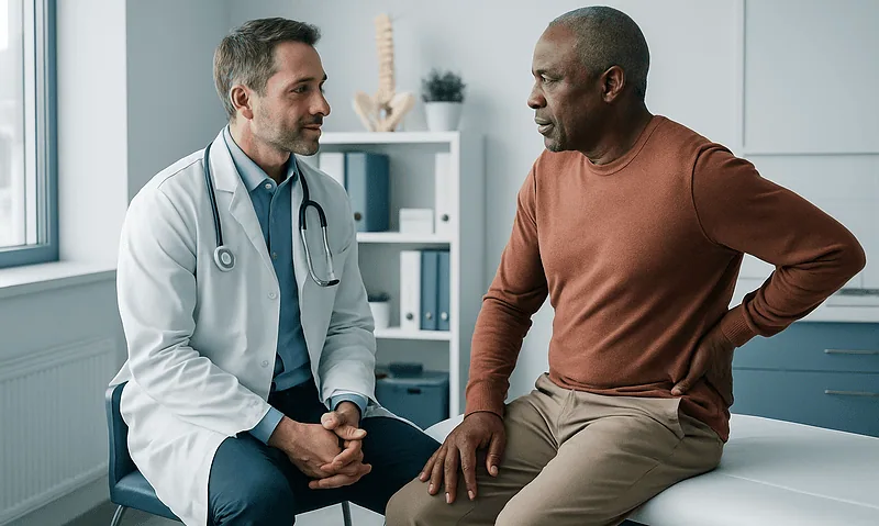 Doctor consulting with patient about sciatic pain and back issues.