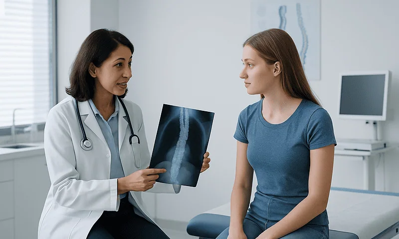 Doctor explaining scoliosis X-ray to young female patient in clinic.