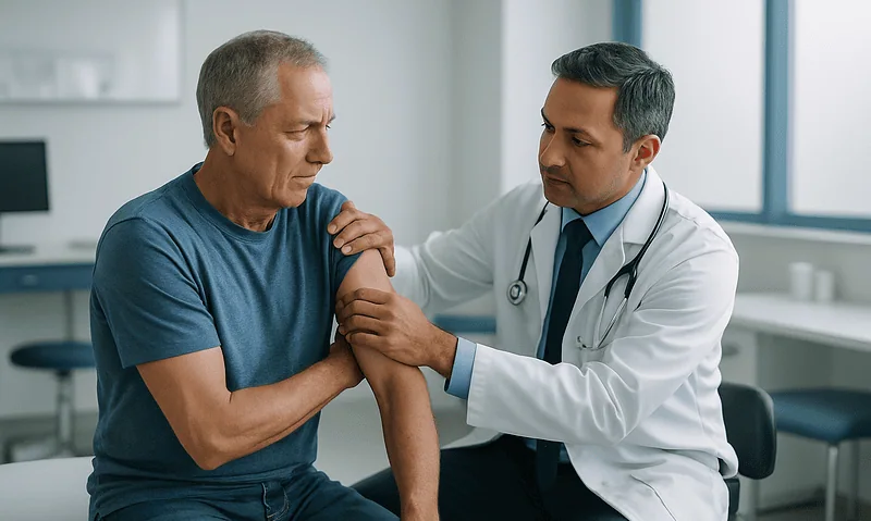 Doctor examining elderly man's shoulder for impingement symptoms.