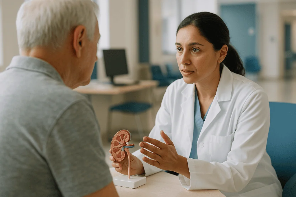 Doctor explaining kidney anatomy model to elderly patient — What causes the kidneys to stop listening?