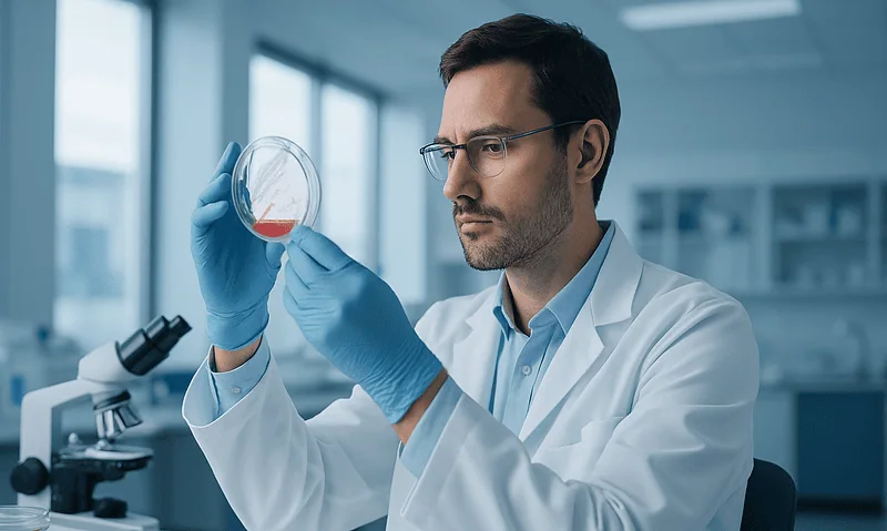 Researcher examining a petri dish with red liquid in a laboratory setting.