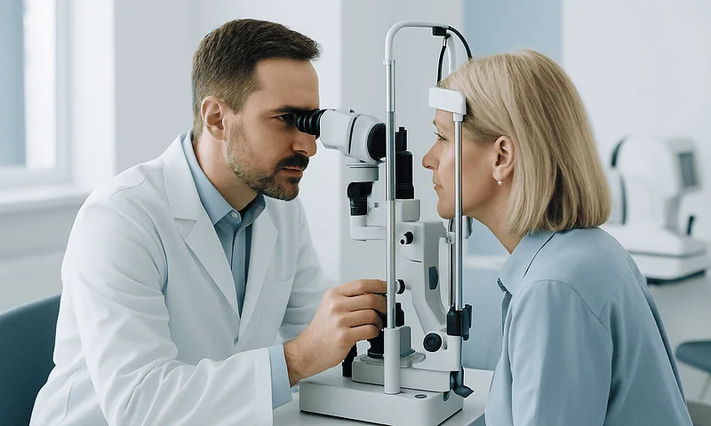Ophthalmologist examining a patient's eye with a slit lamp microscope.