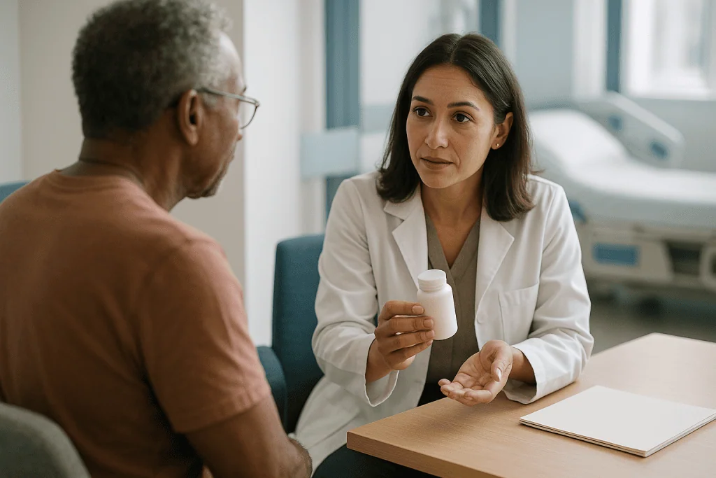 Doctor consulting patient about medication in office — What changed recently
