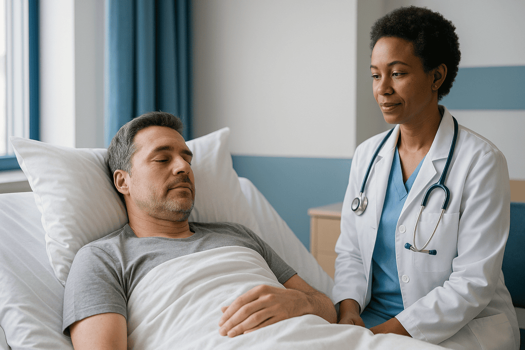 Doctor examining patient abdomen in hospital bed: What changed recently