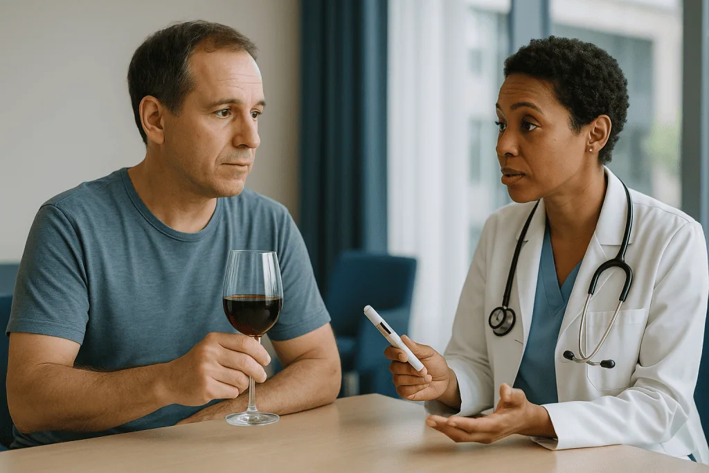 Doctor consulting patient holding wine glass indoors: What changed recently
