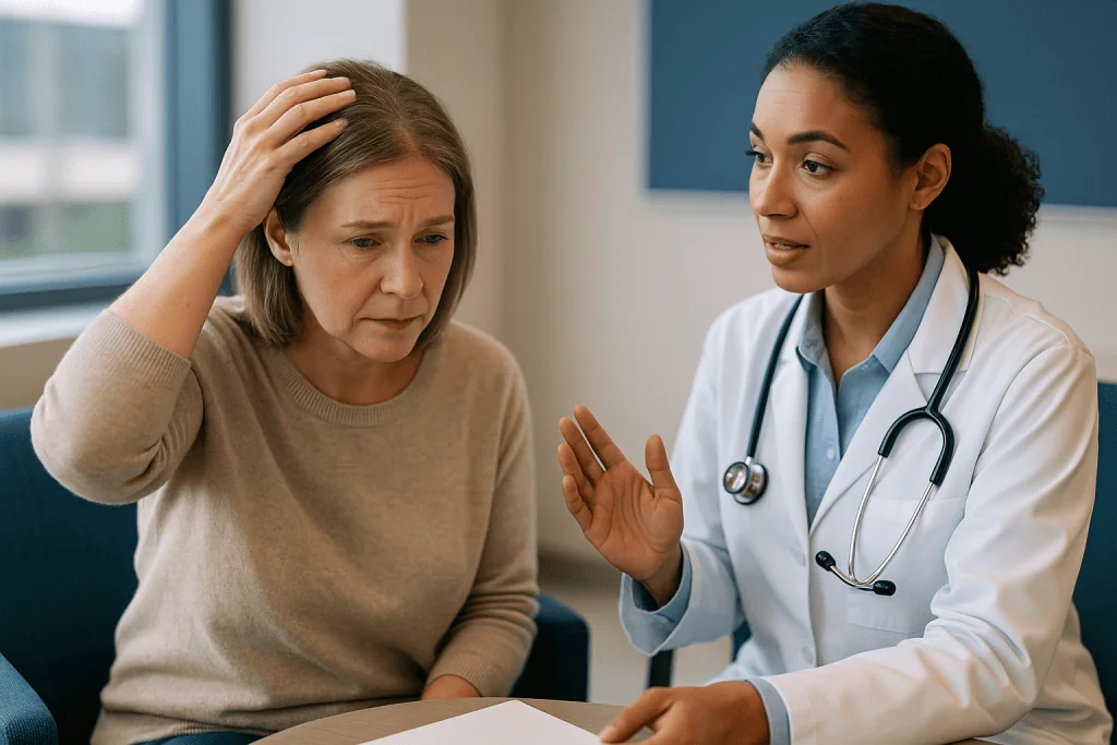 Doctor consulting with middle-aged female patient in clinic: What changed recently