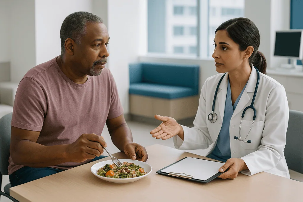 Doctor consulting patient about healthy meal nutrition: What changed recently