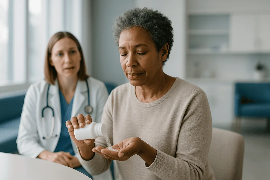 Patient taking pills with doctor watching in clinic: What changed recently