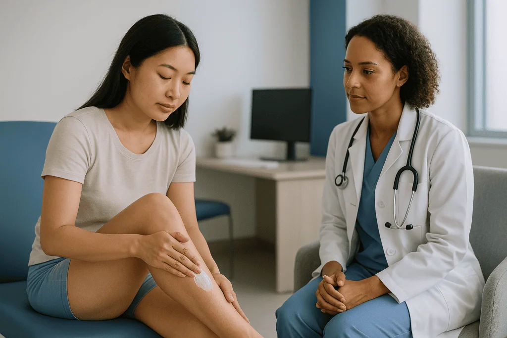Doctor consulting patient about leg skin condition: What changed recently