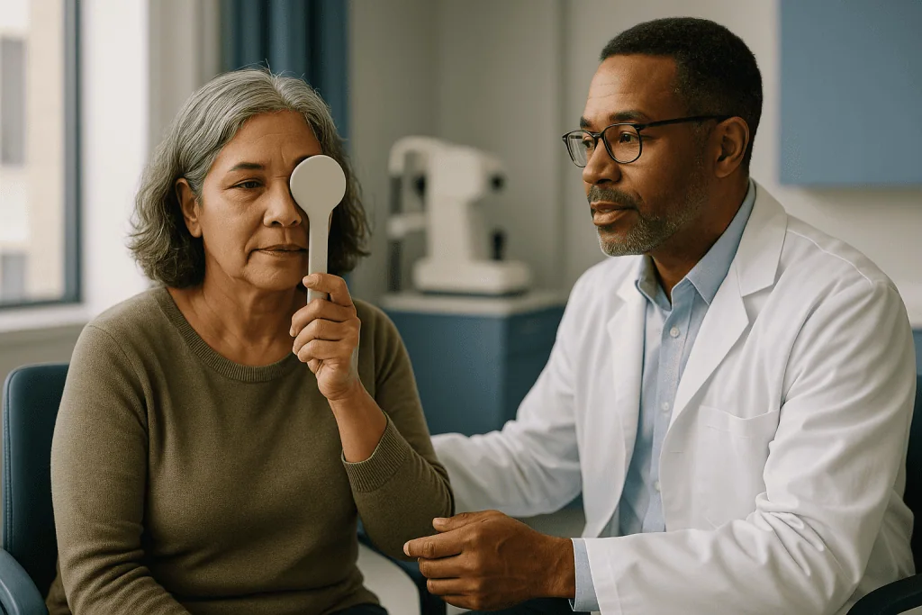 Doctor conducting eye examination with female patient: What changed recently
