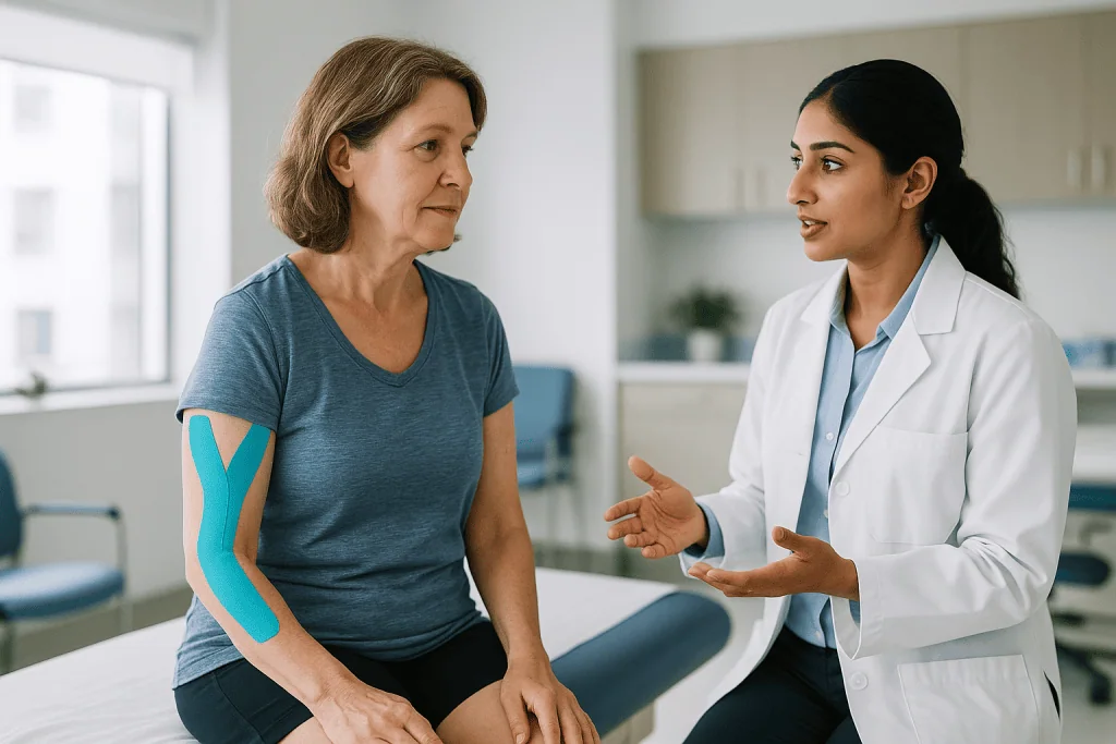 Female doctor consulting patient with kinesiology tape applied: What changed recently
