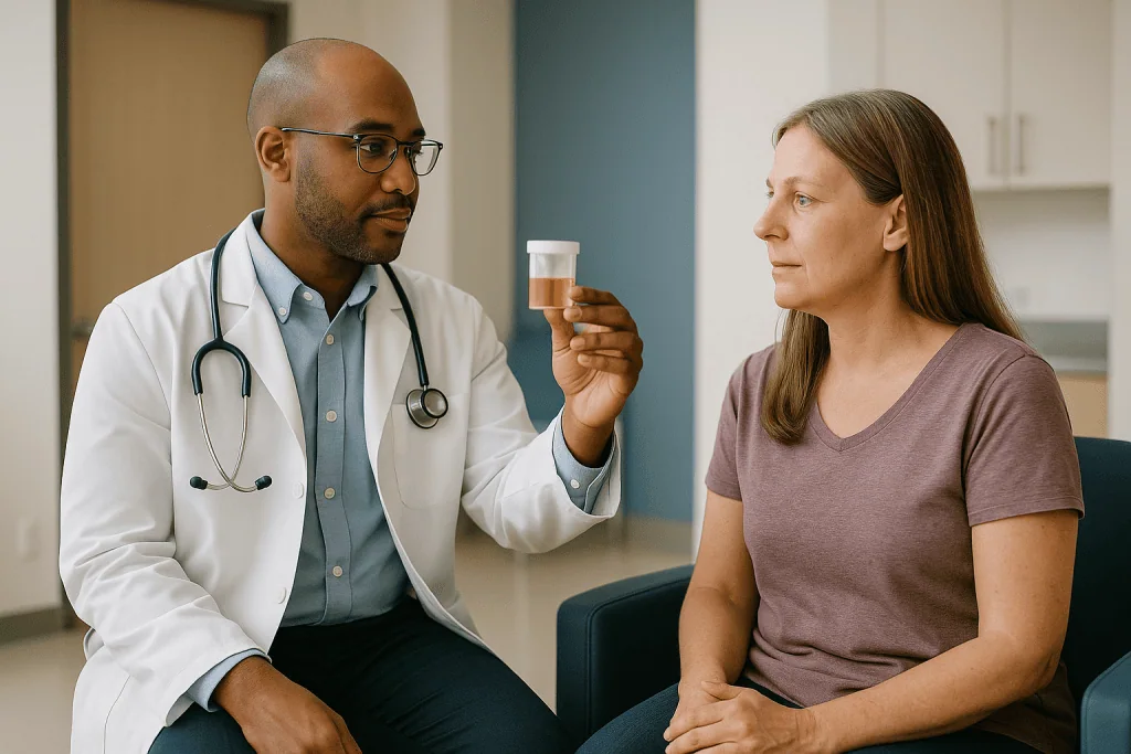 Doctor discussing urinalysis results with female patient: What changed recently